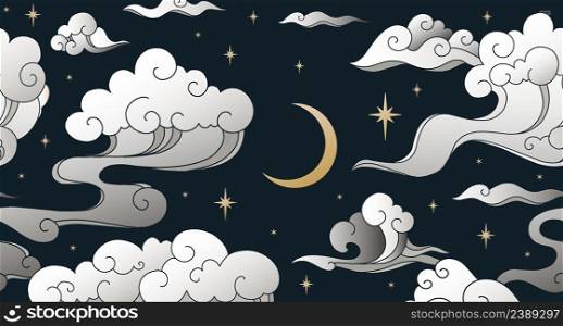Chinese clouds background. Seamless traditional oriental art of cloudy sky. Asian pattern with crescent, stars and stratocumulus. Heaven precipitation. Nighttime cloudscape print. Vector wallpaper. Chinese clouds background. Seamless traditional oriental art of cloudy sky. Asian pattern with crescent and stratocumulus. Heaven precipitation. Nighttime cloudscape. Vector wallpaper