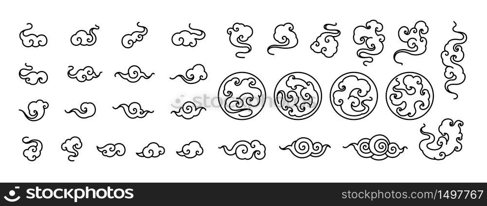 Chinese clouds collection. Oriental style and cloud in circle shape symbol and various shape vector set.