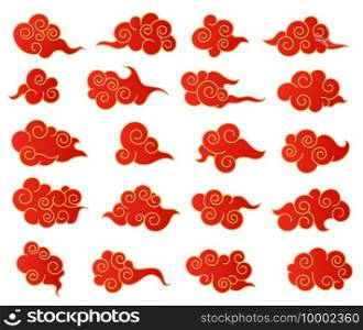 Chinese clouds. Korean or japanese red and golden cloud decorative set. Traditional asian vector isolated graphics in oriental style. Red chinese pattern cloud, korean and japanese illustration. Chinese clouds. Korean or japanese red and golden cloud decorative set. Traditional asian vector isolated graphics in oriental style