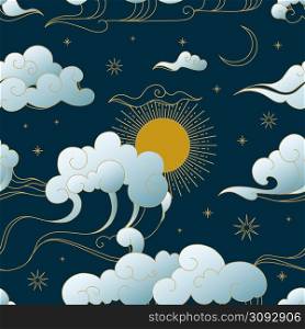 Chinese clouds pattern. Seamless print with traditional oriental line art. Sky precipitation. Blowing wind. Sun and crescent. Asian cloudscape background. Stratocumulus and stars. Vector texture. Chinese clouds pattern. Seamless print with traditional oriental art. Sky precipitation. Blowing wind. Sun and crescent. Cloudscape background. Stratocumulus and stars. Vector texture