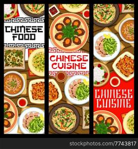 Chinese cuisine food banners, Asian restaurant menu, China traditional lunch or dinner meals. Chinese cuisine restaurant food Peking duck salad and noodles soup, beef meet and seafood squid with beans. Chinese cuisine food banners, restaurant menu