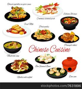 Chinese cuisine food with vector Asian dishes of seafood and meat noodles, steamed fish and buns bao, vegetables with oyster sauce. Mushroom soup, Szechuan shrimps, pineapple cookies and fried milk. Chinese cuisine Asian dishes of seafood and meat
