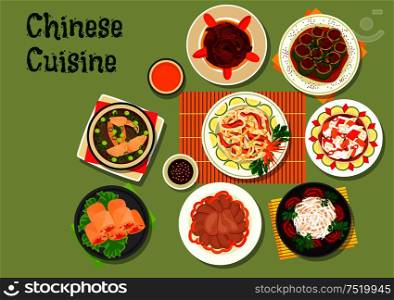 Chinese cuisine icon with rice noodle salad with beef and radish, shrimp spring rolls, beef tongue, daikon salad, spicy chinese cabbage, fish soup, stuffed cucumber with pork, eggplant stew. Chinese cuisine restaurant dinner dishes icon