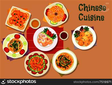 Chinese cuisine lunch icon with shrimp noodles, pork noodles with spinach, mushroom and bean noodles, chicken roll stuffed ham, sweet pork with candied fruit, spicy pork, batter lamb. Chinese cuisine icon for restaurant menu design