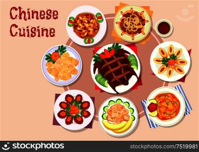 Chinese cuisine meat dishes icon with peking duck, fried wonton, egg roll stuffed pork, sweet and sour pork, ginger chicken, beef coin patty, fried liver, chicken in melon. Chinese cuisine meat dishes icon for menu design
