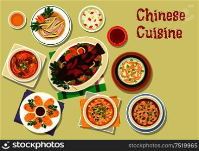Chinese cuisine oriental dishes icon with sticky rice, sweet and sour chicken soup, corn soup, squid ring, anise beef soup, baked fish with vegetables and sweet sauce, spicy rice soup. Chinese cuisine icon for oriental dinner design