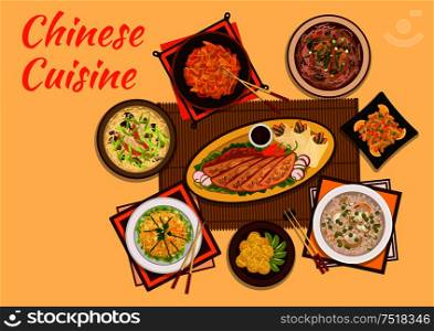 Chinese cuisine sweet and sour pork, peking duck dishes flat icon served with mango noodle salad, rice soup, meat with candied fruit, anise soup, hot and sour soup, sticky rice balls with kiwi fruit. Chinese cuisine meat and hot soup dishes flat icon