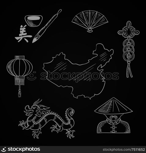 Chinese culture and art icons with dragon, mandarin or chinaman, lantern, calligraphy, fan, and wealth symbol around a map of China. Chinese culture and art icons around a map