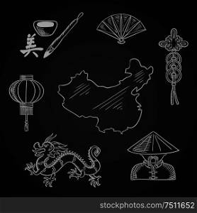 Chinese culture and art icons with dragon, mandarin or chinaman, lantern, calligraphy, fan, and wealth symbol around a map of China. Chinese culture and art icons around a map