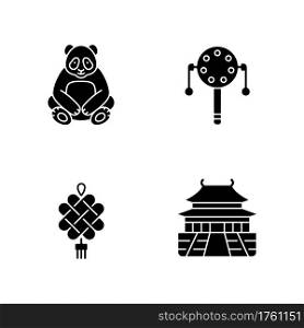 Chinese culture black glyph icons set on white space. Big panda. Pellet drum. Chinese knotting. Forbidden City. Asian history. Eastern traditions. Silhouette symbols. Vector isolated illustration. Chinese culture black glyph icons set on white space