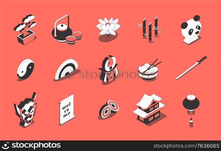 Chinese culture food traditions symbols isometric icons set with sushi tea ceremony yin yang temple vector illustration. China Isometric Set