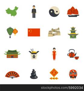 Chinese Culture Symbols Flat Icons Set. Chinese clothing historical landmarks and national symbols flat icons collection with yin yang abstract isolated vector illustration