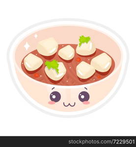 Chinese cute kawaii vector character. Tofu ma po bowl with smiling face. Asian traditional dish with dumplings. Woton noodles. Funny emoji, emoticon. Isolated cartoon color illustration. Chinese cute kawaii vector character