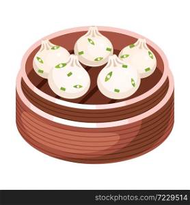 Chinese dim sum color icon. Asian small bite buns in basket. Eastern traditional cuisine. Steamed dish with different fillings. Dumpling with meat, vegetables, spices. Isolated vector illustration. Chinese dim sum color icon