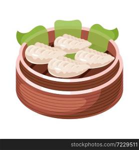 Chinese dim sum color icon. Asian small bite dish in basket. Eastern traditional cuisine. Steamed pies with different fillings. Dumpling with meat, vegetables, spices. Isolated vector illustration. Chinese dim sum color icon