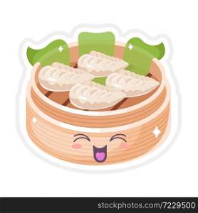 Chinese dim sum cute kawaii vector character. Asian traditional dish with smiling face. Eastern cuisine. Dumplings with spices. Funny emoji, emoticon. Isolated cartoon color illustration. Chinese dim sum cute kawaii vector character