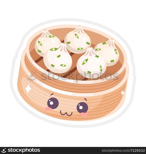 Chinese dim sum cute kawaii vector characters set. Asian dish with smiling face. Eastern traditional cuisine. Dumpling with spices. Funny emoji, emoticon. Isolated cartoon color illustration. Chinese dim sum cute kawaii vector character