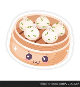 Chinese dim sum cute kawaii vector characters set. Asian dish with smiling face. Eastern traditional cuisine. Dumpling with spices. Funny emoji, emoticon. Isolated cartoon color illustration. Chinese dim sum cute kawaii vector character