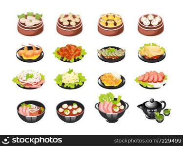 Chinese dishes color icons set. Dim sum types with meat and vegetables filling. Spring rolls and vegetable salad. Eastern traditional cuisine. Noodle spicy soup. Isolated vector illustrations. Chinese dishes color icons set