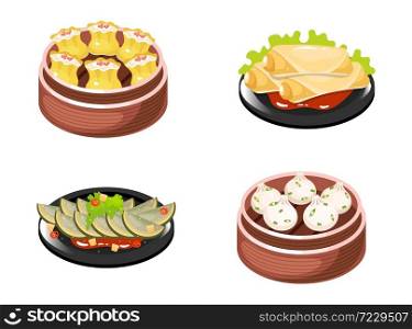 Chinese dishes color icons set. Dumplings types with meat and vegetables filling. Spring rolls and vegetable salad. Eastern traditional cuisine. Squash with sauce. Isolated vector illustrations. Chinese dishes color icons set