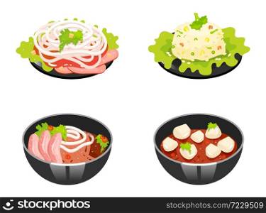 Chinese dishes color icons set. Tomato and woton noodles soup. Rice with vegetables. Eastern traditional cuisine. Meat chops with sauce and onion slices. Isolated vector illustrations. Chinese dishes color icons set