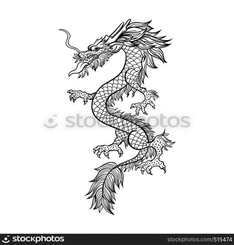 Chinese dragon hand drawn vector illustration. Mythical creature ink pen sketch. Black and white clipart. Serpent freehand drawing. Isolated monochrome mythic design element. Chinese new year poster. Chinese dragon hand drawn contour illustration