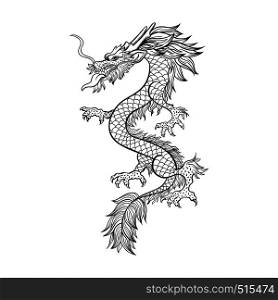 Chinese dragon hand drawn vector illustration. Mythical creature ink pen sketch. Black and white clipart. Serpent freehand drawing. Isolated monochrome mythic design element. Chinese new year poster. Chinese dragon hand drawn contour illustration
