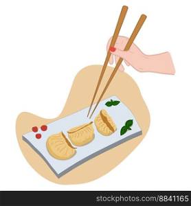 Chinese dumplings on plate with Chopsticks. Delicious Asian food Traditional. Vector illustration for cover, menu, postcards, print, corporate merchandise, banner design, website and social media post. Chinese dumplings on plate with Chopsticks. Delicious Asian food Traditional. Vector illustration.