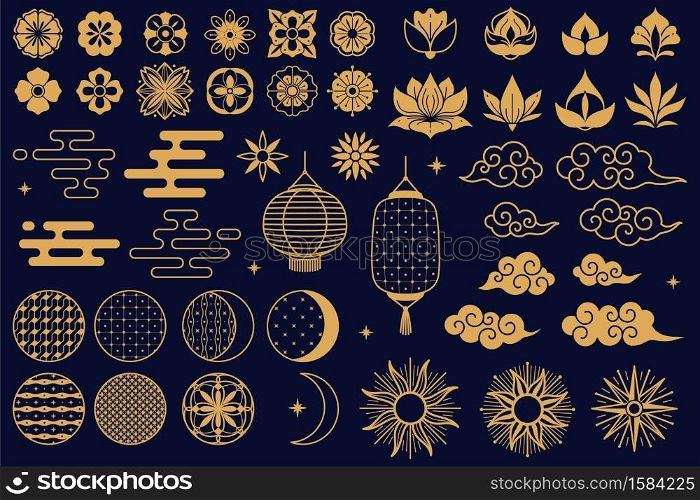 Chinese elements. Asian new year gold decorative traditional oriental style symbols, festive lanterns, lotus and sakura flowers, clouds and moon. Elegant line and silhouette golden vector isolated set. Chinese elements. Asian new year gold decorative traditional oriental symbols, festive lanterns, lotus and sakura flowers, clouds and moon. Elegant line and silhouette golden vector set