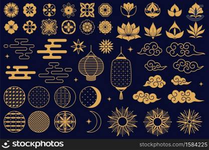 Chinese elements. Asian new year gold decorative traditional oriental style symbols, festive lanterns, lotus and sakura flowers, clouds and moon. Elegant line and silhouette golden vector isolated set. Chinese elements. Asian new year gold decorative traditional oriental symbols, festive lanterns, lotus and sakura flowers, clouds and moon. Elegant line and silhouette golden vector set