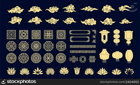 Chinese elements. Oriental ornaments, lanterns, asian korean clouds and lotus flowers vector set. Oriental traditional elements lantern and ornament illustration. Chinese elements. Oriental ornaments, lanterns, asian korean clouds and lotus flowers vector set