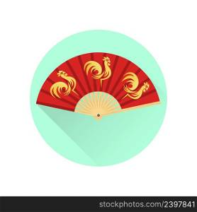 Chinese fan with gold roosters flat icon. Vector illustration. Chinese new year design elements.. Chinese fan with gold roosters flat icon.