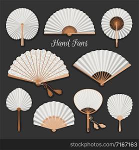 Chinese fans. Japanese traditional hand fan set vector illustration, vintage woman paper fans isolated. Chinese fans set