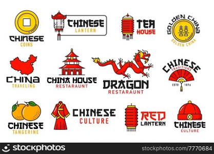 Chinese food festival, holiday and religion icons of China map and flag, vector Asian symbols. Chinese restaurant emblem with red dragon and paper light lantern, pagoda and mandarin with golden coins. Chinese food festival, holiday and religion icons