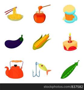 Chinese food icons set. Cartoon set of 9 chinese food vector icons for web isolated on white background. Chinese food icons set, cartoon style