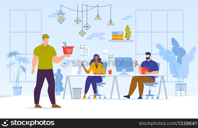 Chinese Food in Takeaway Box Express Delivery Service. Man Courier Delivering Dish to Office. Afro-American Worker Waiting for Menu in Cardboard Pack Ordered by Phone App. Vector Illustration