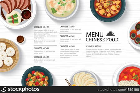 Chinese food menu restaurant on a white wooden table top template background. Use for poster, print, flyer, brochure.