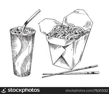 Chinese food noodles in box with chopsticks, refreshing drink with ice in disposal paper cup and with sipper. Takeaway monochrome icons set promo vector. Noodles in Box and Paper Cup Drink Sketch Icon Set