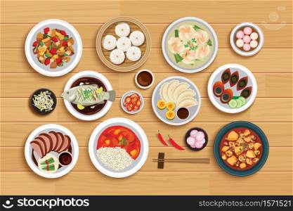Chinese food on top view wooden background.