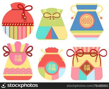 Chinese fortune bag vector, sac filled with items bringing luck and prosperity. Flat style oriental traditions and customs, fabric cloth set with threads and hieroglyphs symbolism in Asian countries. Fortune Bag for Luck Chinese Tradition Vector