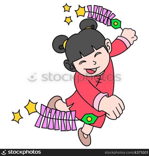 chinese girl dancing happily carrying firecrackers during the chinese new year