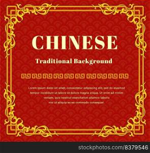 Chinese gold pattern with oriental asian elements on red color background and gold frame, for festival, wedding invitation card, happy new year, greeting cards, poster or web, Vector illustration