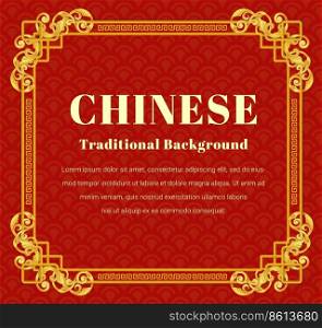 Chinese gold pattern with oriental asian elements on red color background and gold frame, for festival, wedding invitation card, happy new year, greeting cards, poster or web, Vector illustration.
