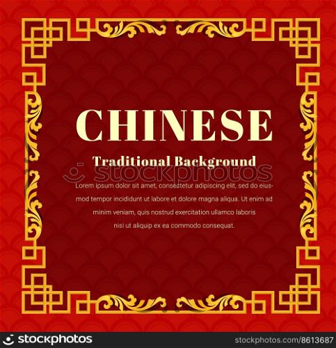 Chinese gold pattern with oriental asian elements on red color background and gold frame, for festival, wedding invitation card, happy new year, greeting cards, poster or web, Vector illustration.