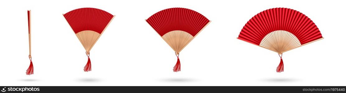 Chinese hand fan, oriental wooden handlend accessory. Vector realistic set of open and closed red japanese fan, traditional asian or spanish folding souvenir with tassel isolated on white background. Red chinese hand fan, wooden handlend accessory