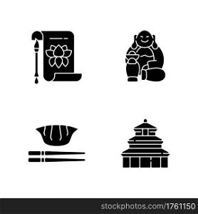 Chinese history black glyph icons set on white space. Traditional calligraphy. Laughing Buddha. Jiaozi, gyoza. Temple of Heaven. Eastern culture. Silhouette symbols. Vector isolated illustration. Chinese history black glyph icons set on white space