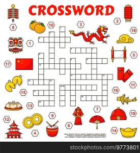Chinese holiday items crossword grid, find word quiz game, vector worksheet. Crossword riddle grid or puzzle to guess words of Chinese new year lantern, good coins and fireworks with cookies. Chinese holiday items, crossword grid quiz game