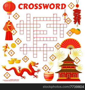 Chinese holiday objects, crossword grid worksheet, vector find a word quiz game. Kids crossword riddle to guess Chinese new year symbols of dragon, pagoda and golden ingots, carps and fireworks. Chinese holiday objects, crossword grid worksheet