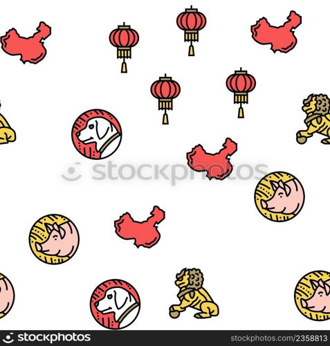 Chinese Horoscope And Accessory Vector Seamless Pattern Thin Line Illustration. Chinese Horoscope And Accessory Vector Seamless Pattern