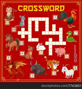 Chinese horoscope cartoon animals, crossword grid worksheet, vector find a word quiz game. Kids crossword riddle game with Chinese lunar horoscope or year zodiac signs of dragon, tiger, and rooster. Chinese horoscope cartoon animals, crossword game